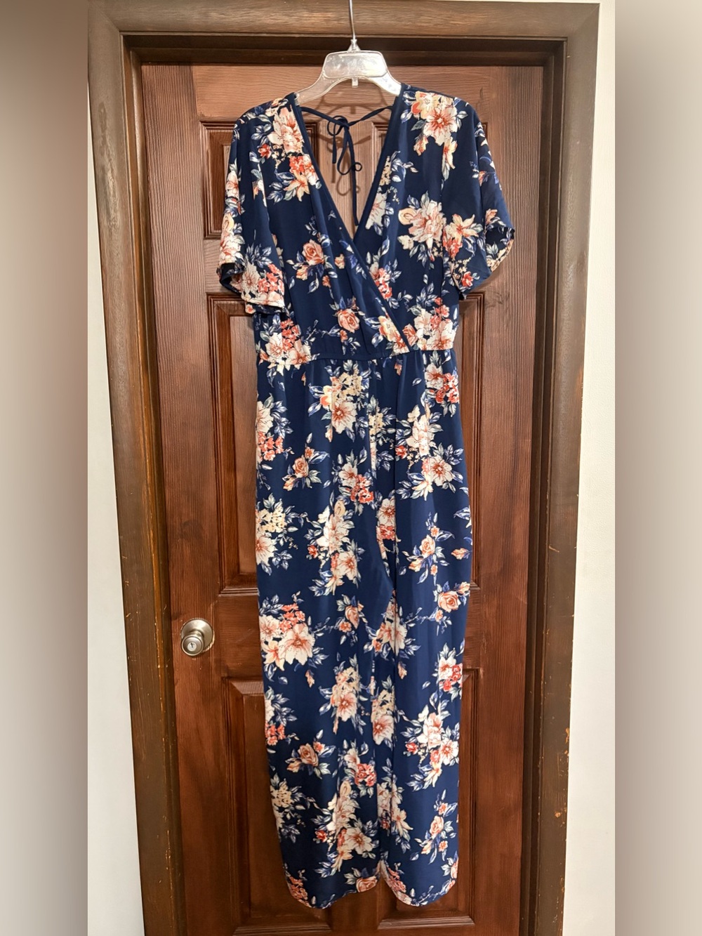 Xhilaration Navy Floral Jumpsuit with Cream & Peach Blooms